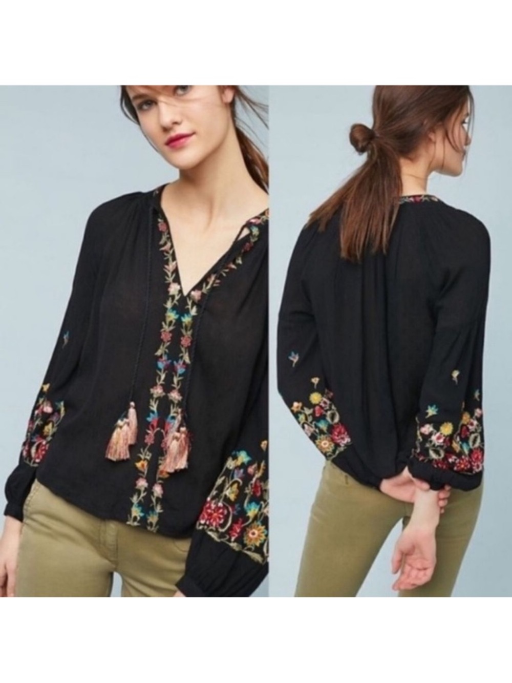 Anthropologie MAEVE Lanie Floral Embroidered Peasant Top S